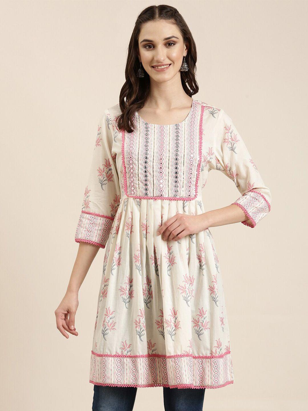 showoff floral printed mirror work pleated a-line kurti