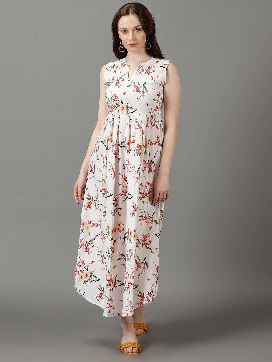 showoff floral printed notched neck gathered fit & flare maxi dress