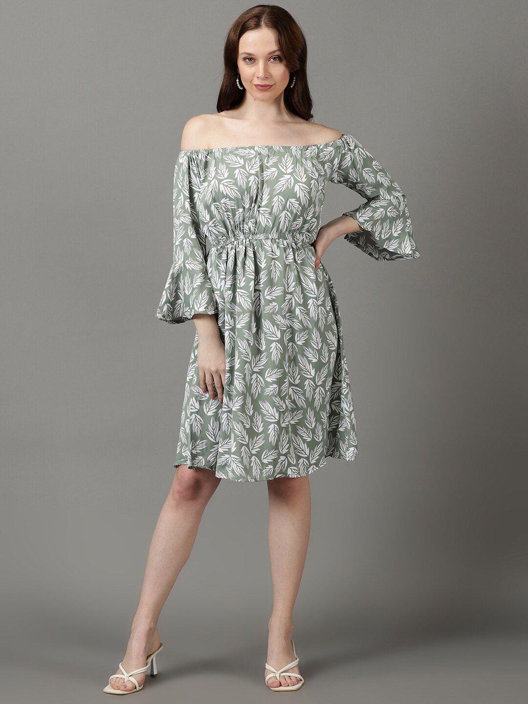 showoff floral printed off-shoulder bell sleeve crepe fit & flare dress