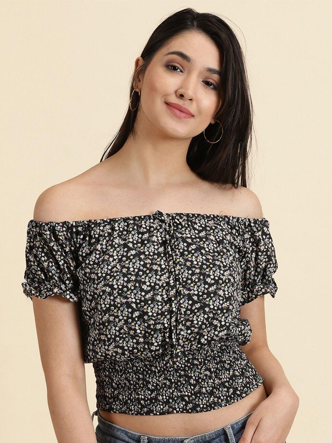 showoff floral printed off-shoulder smocked bardot crop top