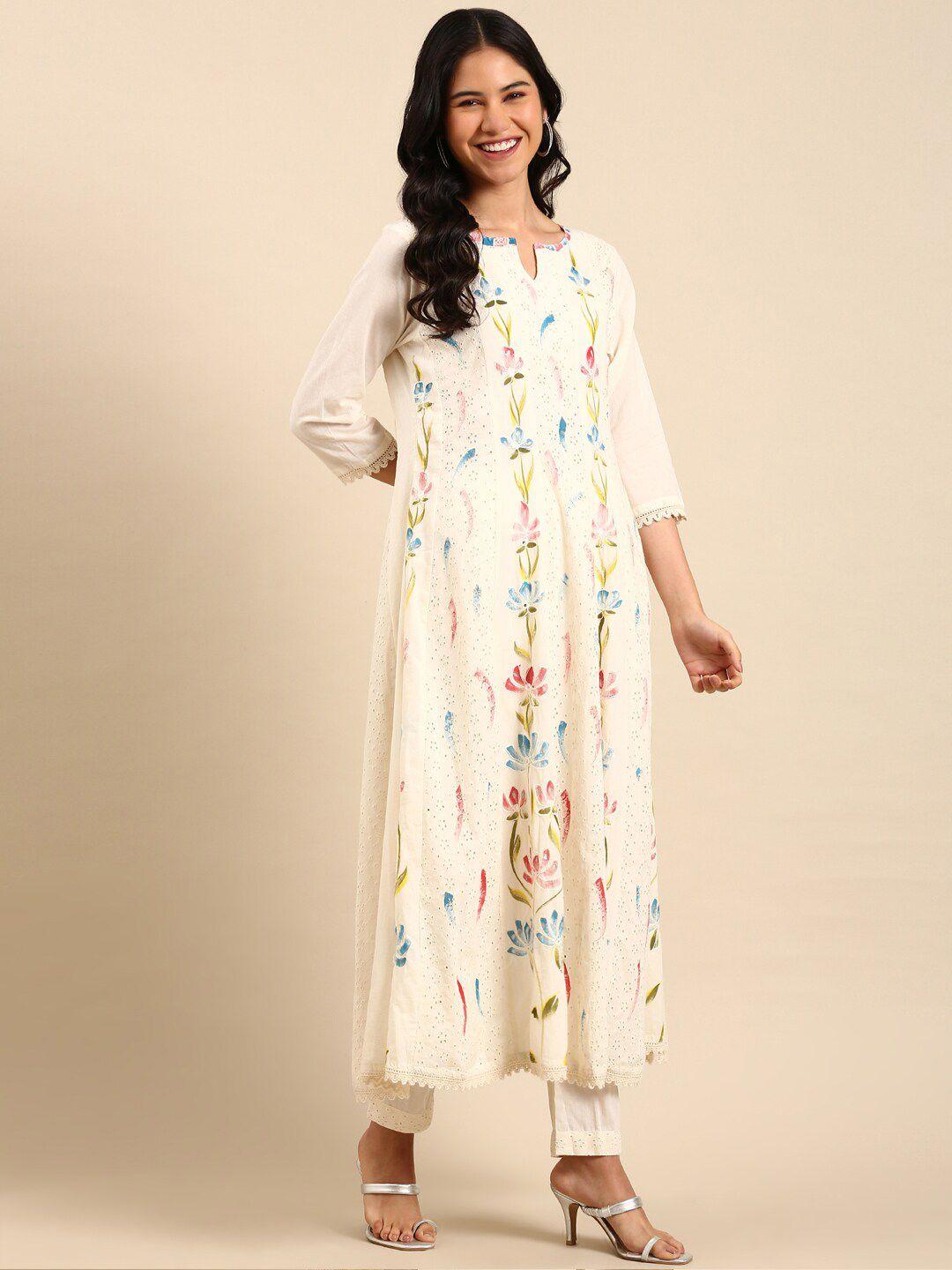 showoff floral printed panelled thread work a-line kurta with trousers & dupatta