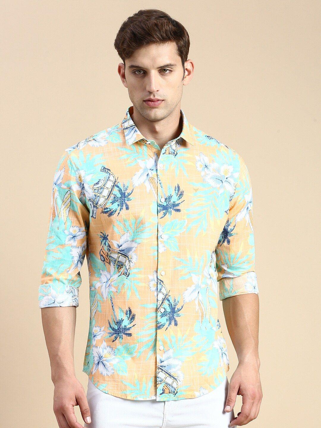 showoff floral printed premium slim fit opaque cotton casual shirt