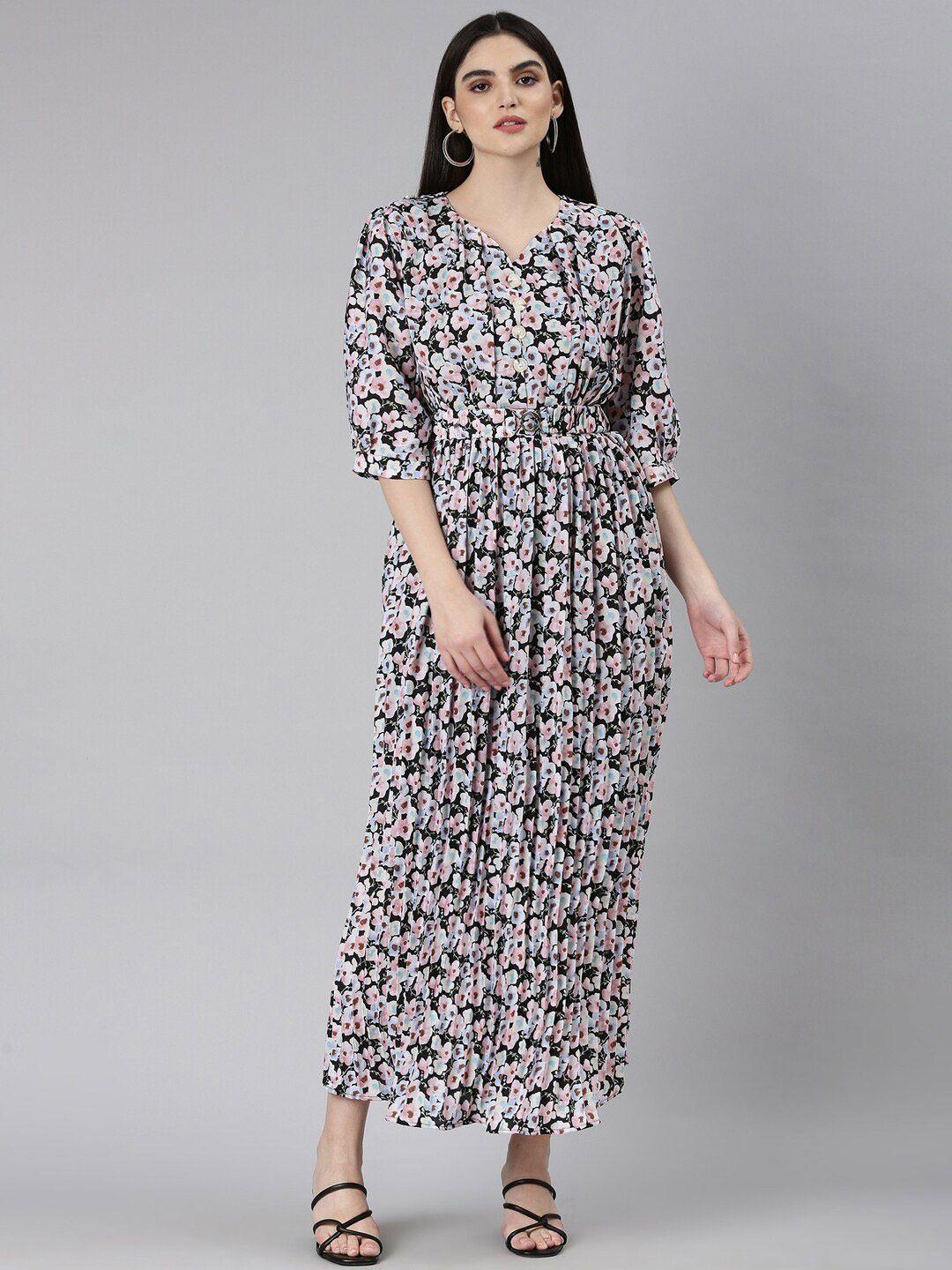 showoff floral printed puff sleeve fit & flare midi dress