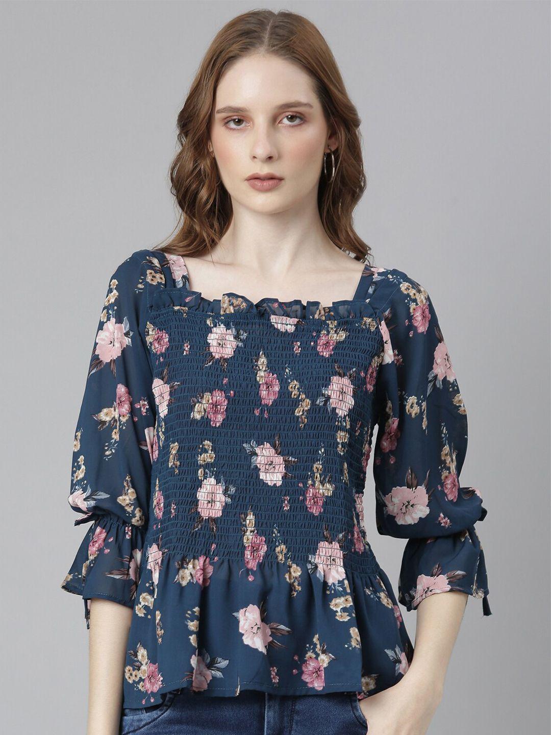 showoff floral printed puff sleeve smocked acrylic peplum top