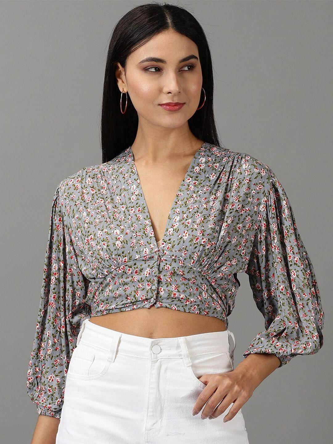 showoff floral printed puff sleeve v-neck empire crop top