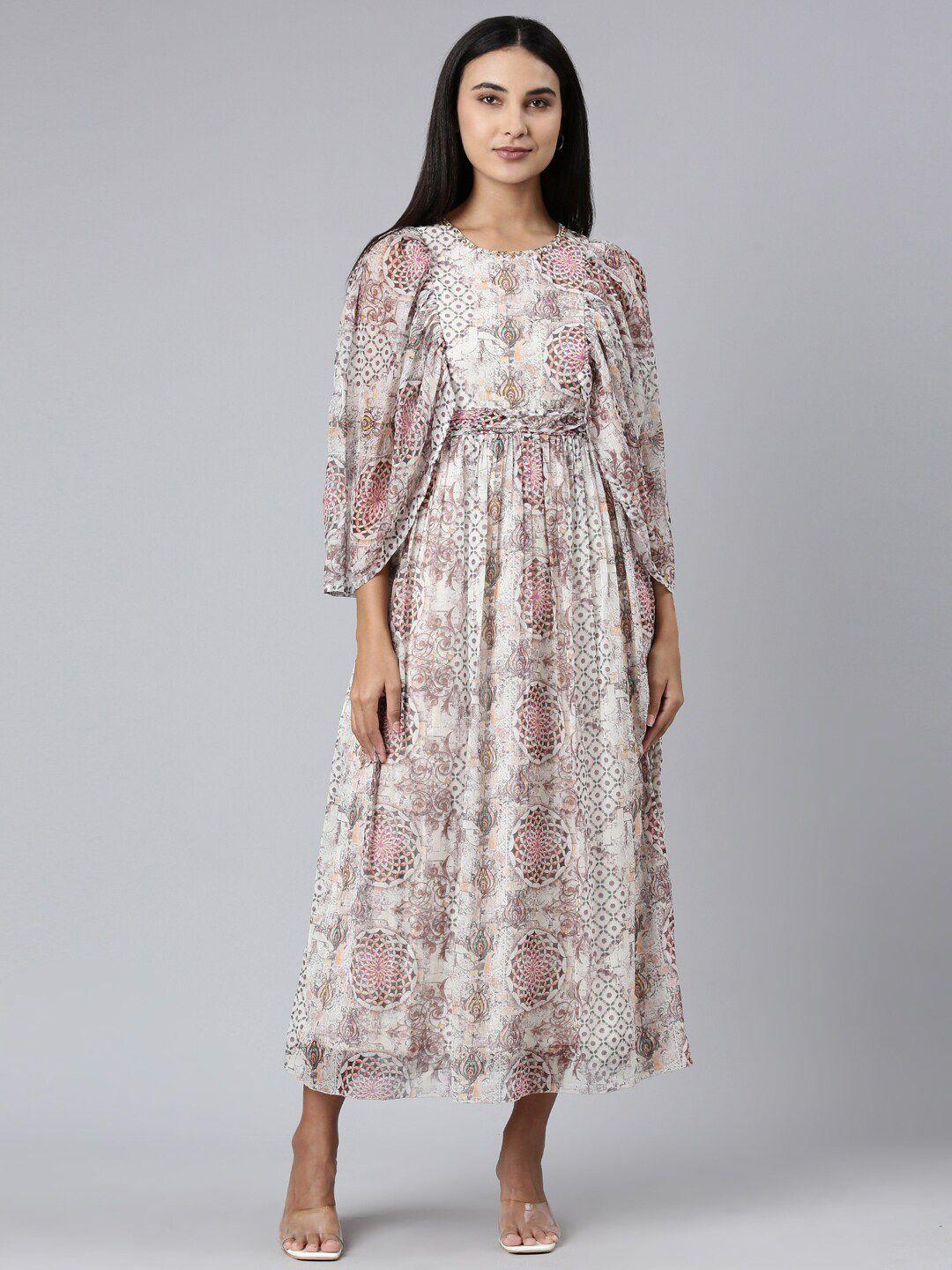 showoff floral printed puff sleeves gathered fit & flare bohemian midi dress