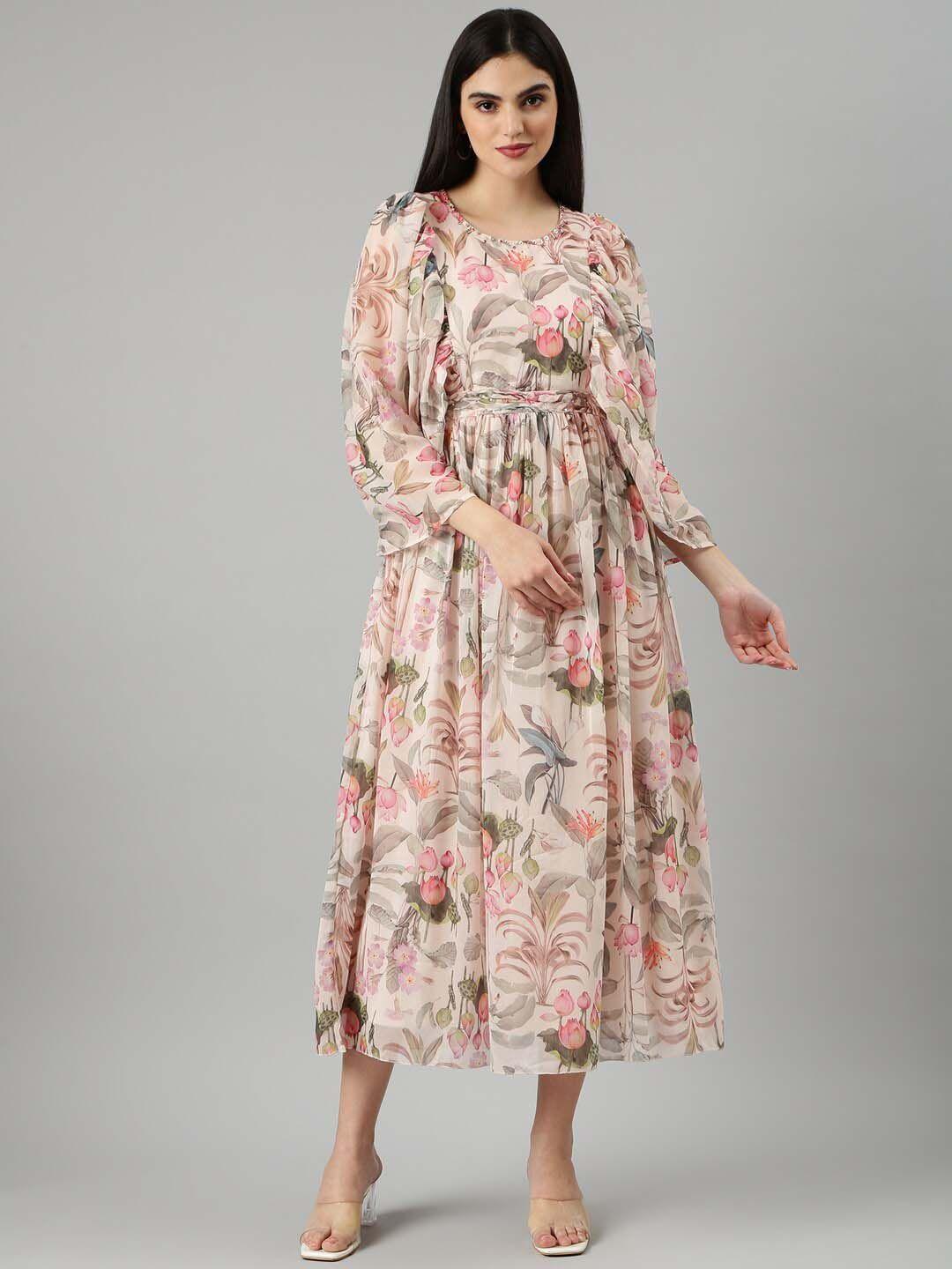 showoff floral printed puff sleeves gathered fit & flare midi dress