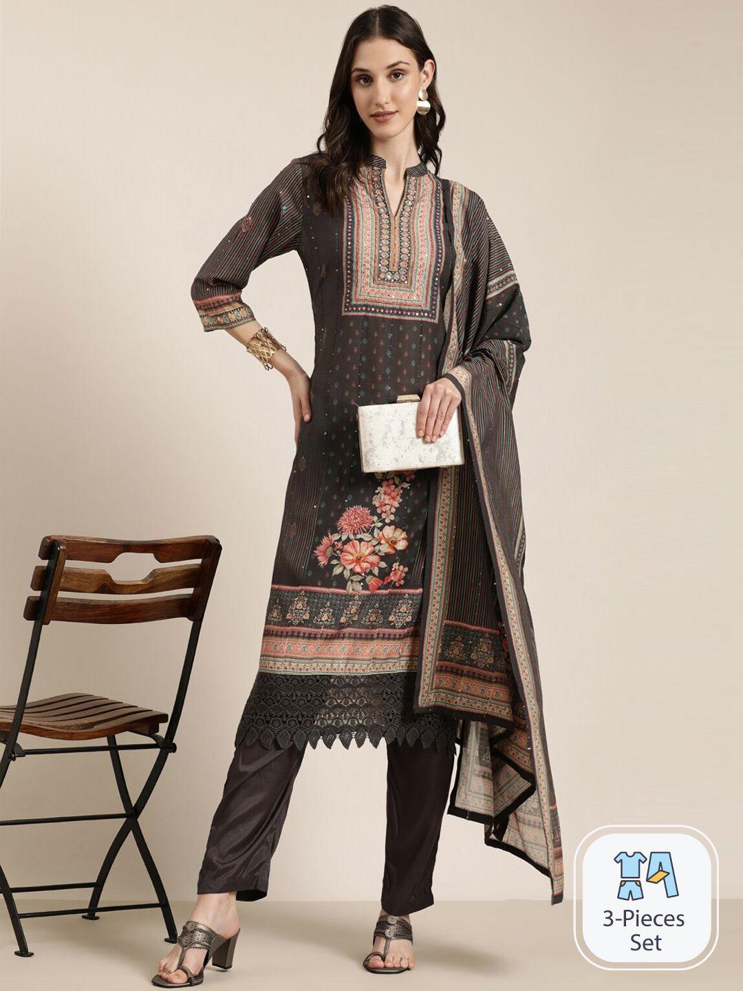 showoff floral printed regular beads and stones kurta with trousers & dupatta