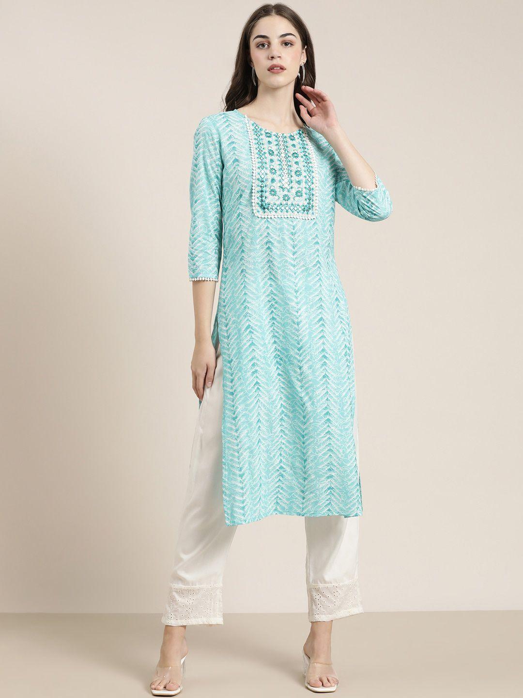 showoff floral printed regular mirror work kurta with trousers