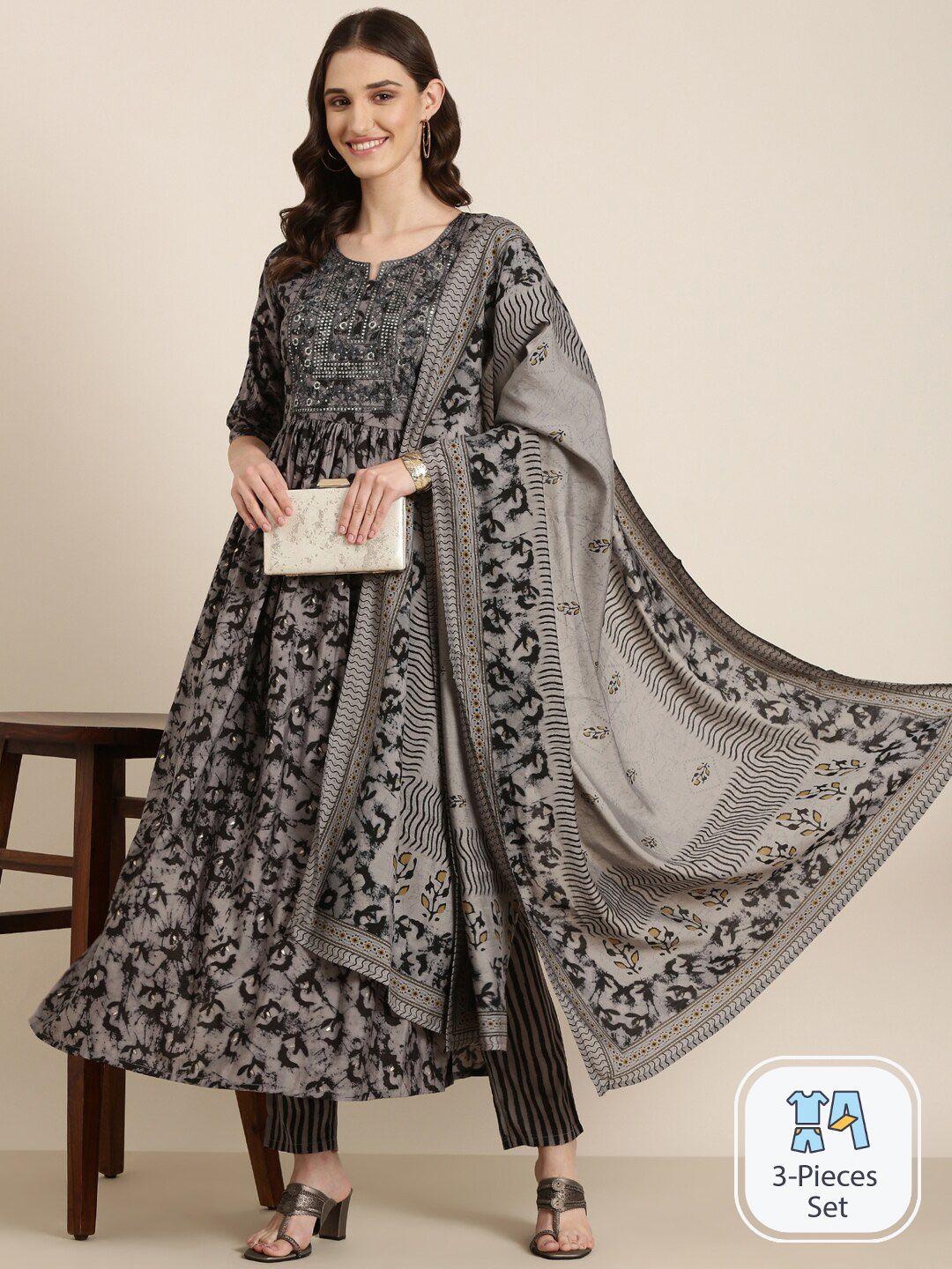 showoff floral printed sequinned a-line kurta & trouser with dupatta