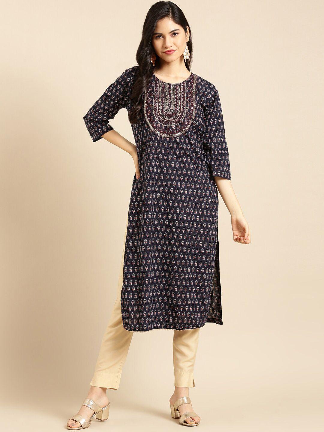 showoff floral printed sequinned cotton straight kurta