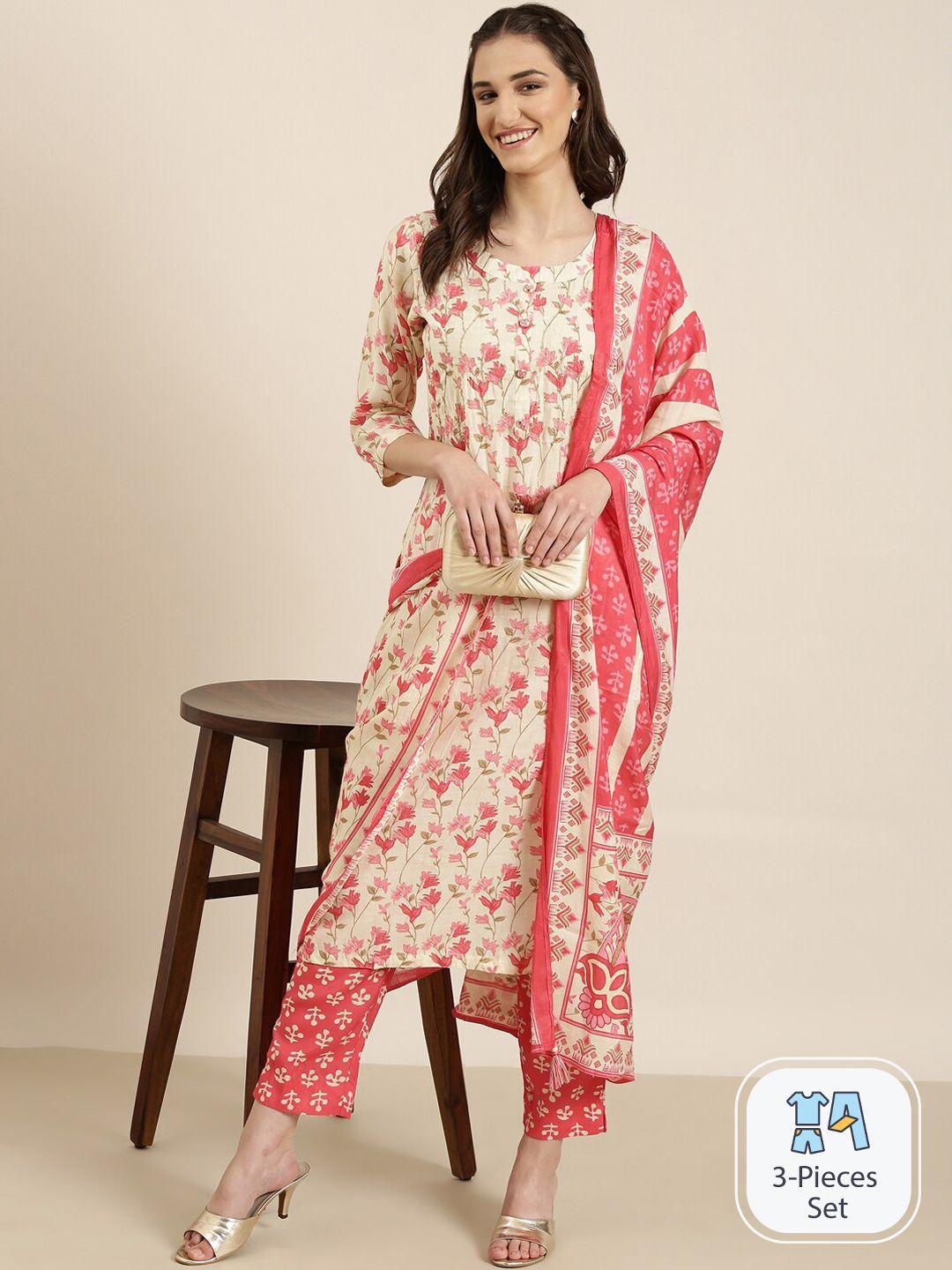 showoff floral printed sequinned detailed straight kurta & trousers with dupatta