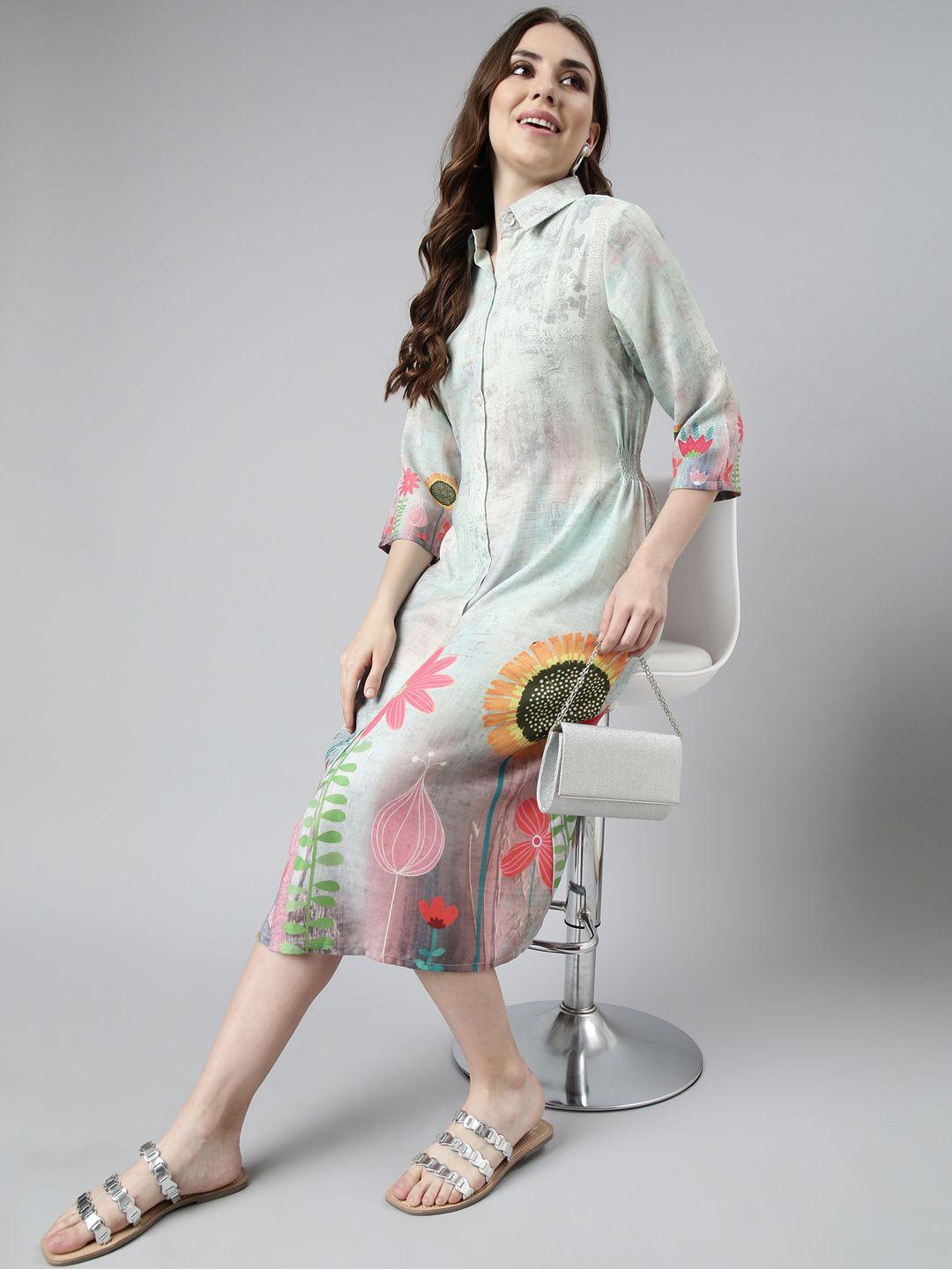 showoff floral printed shirt collar shirt midi dress