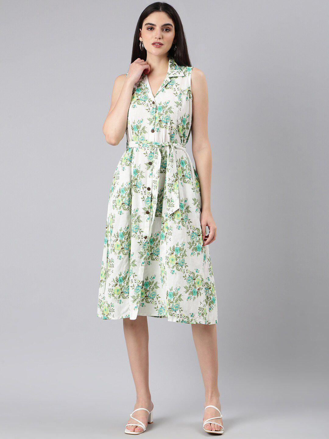 showoff floral printed shirt collar sleeveless tie-ups detail fit & flare dress