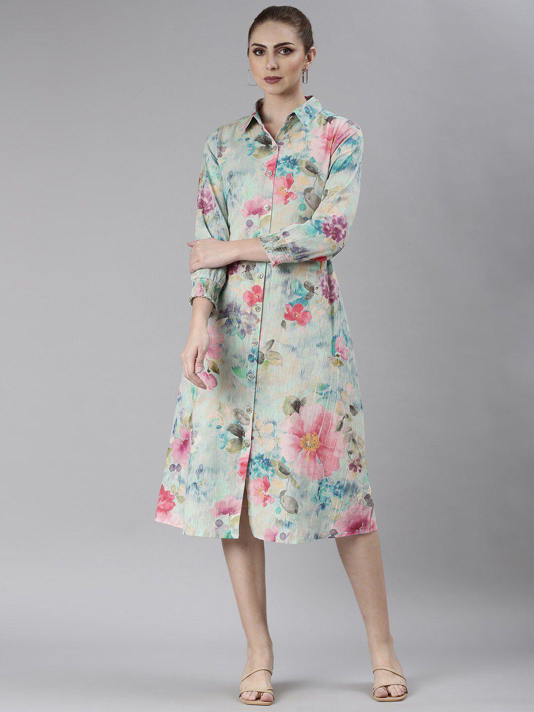 showoff floral printed shirt collar smocked a-line midi dress