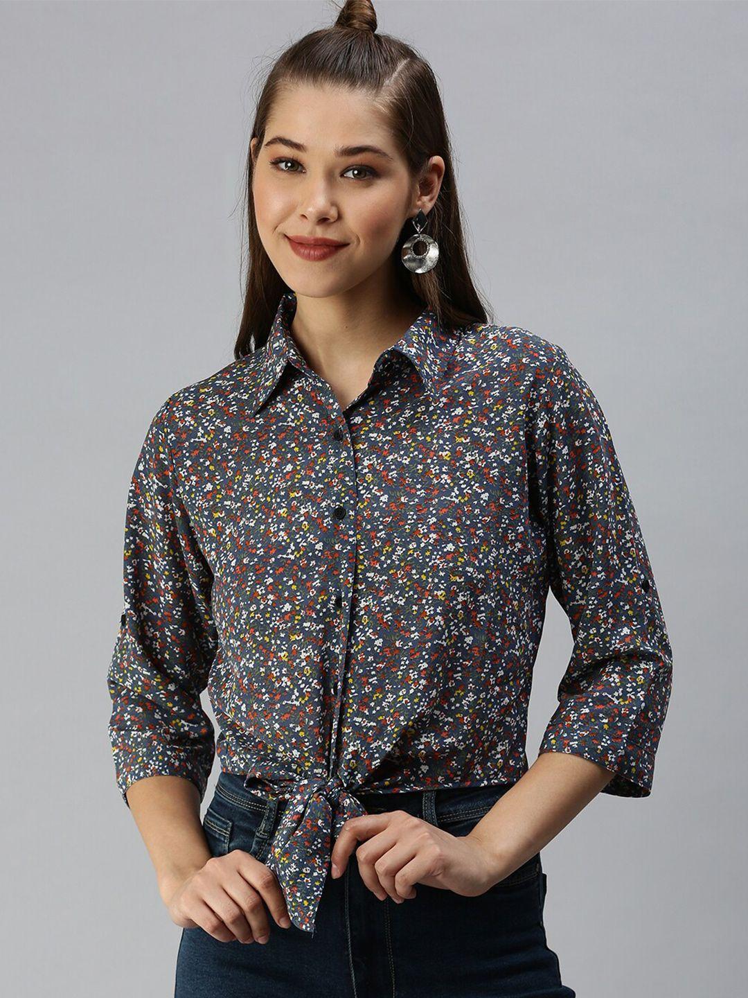 showoff floral printed shirt style georgette crop top