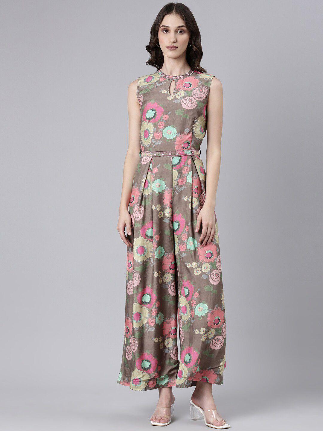 showoff floral printed sleeveless basic jumpsuit with waist tie-ups