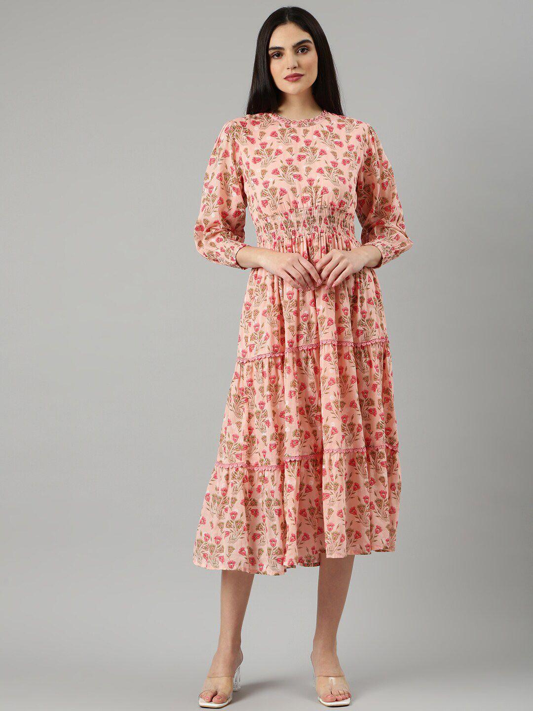 showoff floral printed smocked detailed puff sleeves fit & flare midi dress