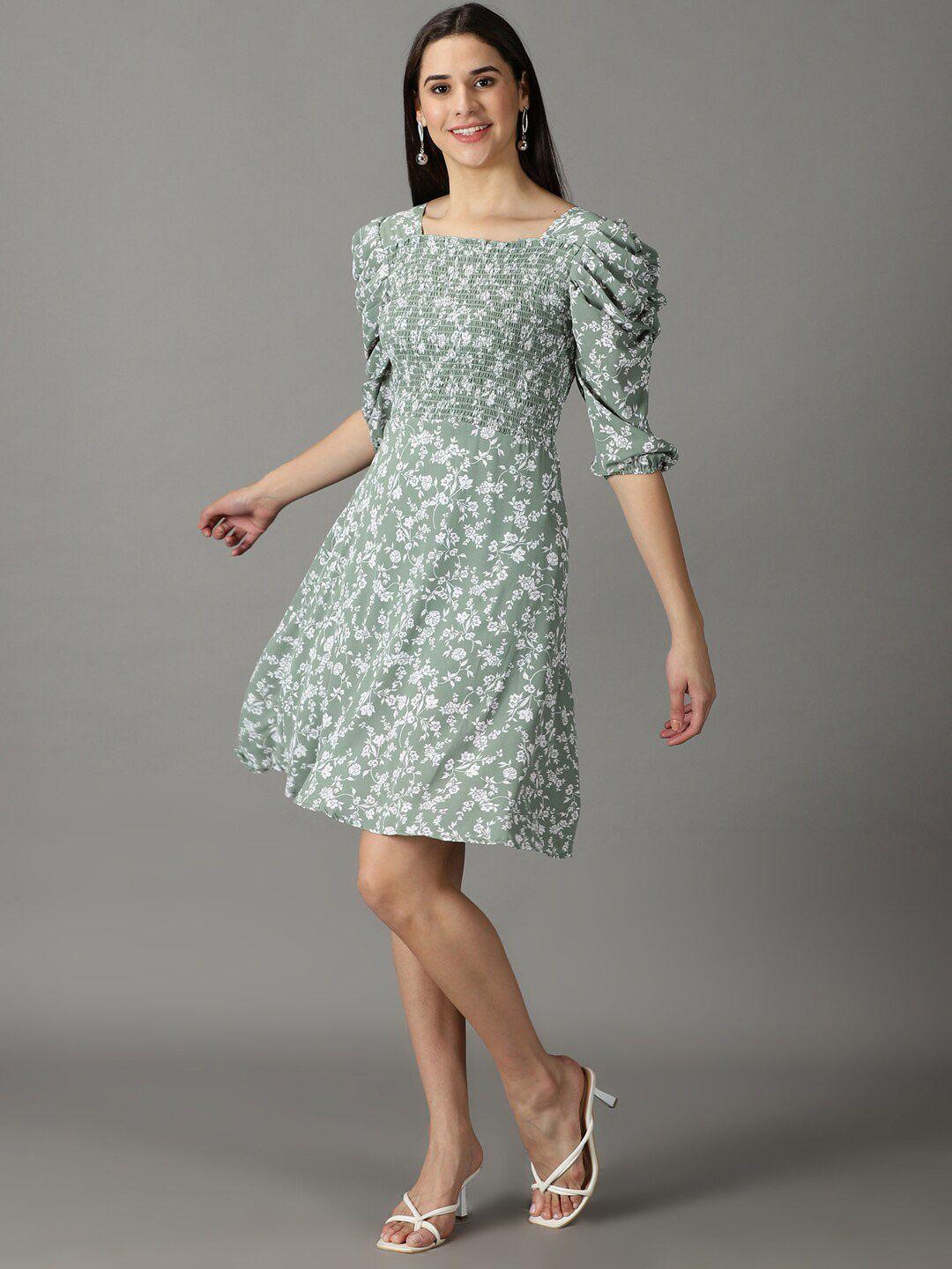 showoff floral printed smocked puff sleeves  a-line dress