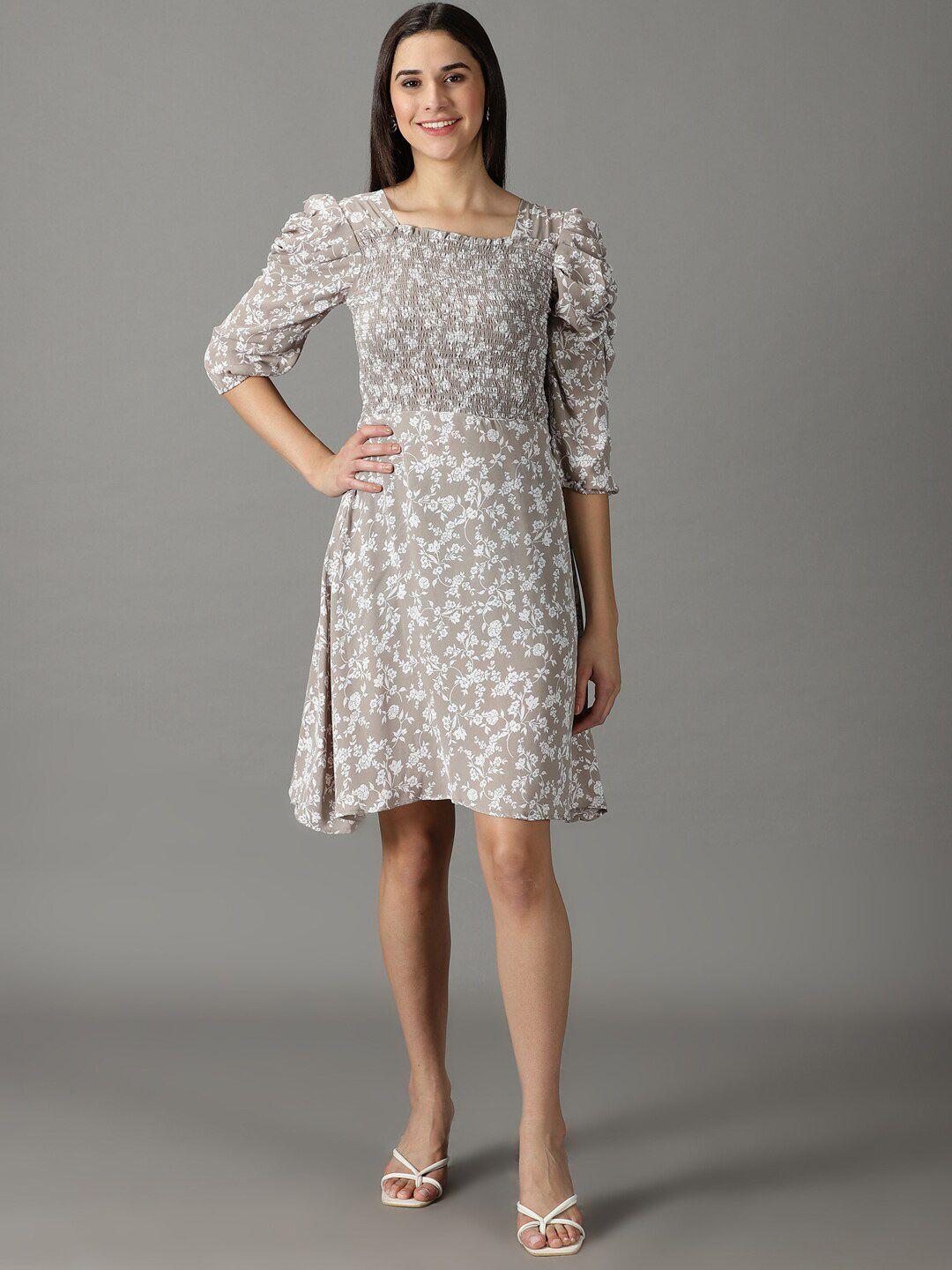 showoff floral printed smocked puff sleeves  a-line dress