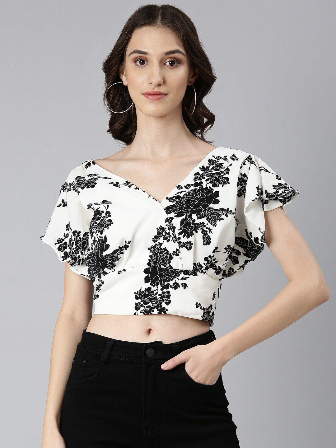 showoff floral printed styled back crop top