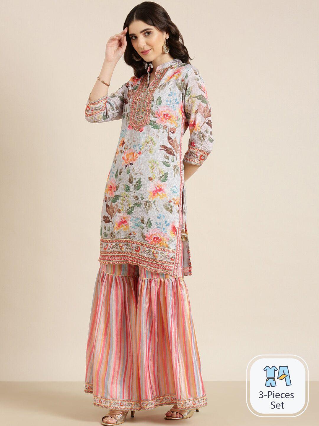 showoff floral printed thread work detailed straight kurta & sharara with dupatta