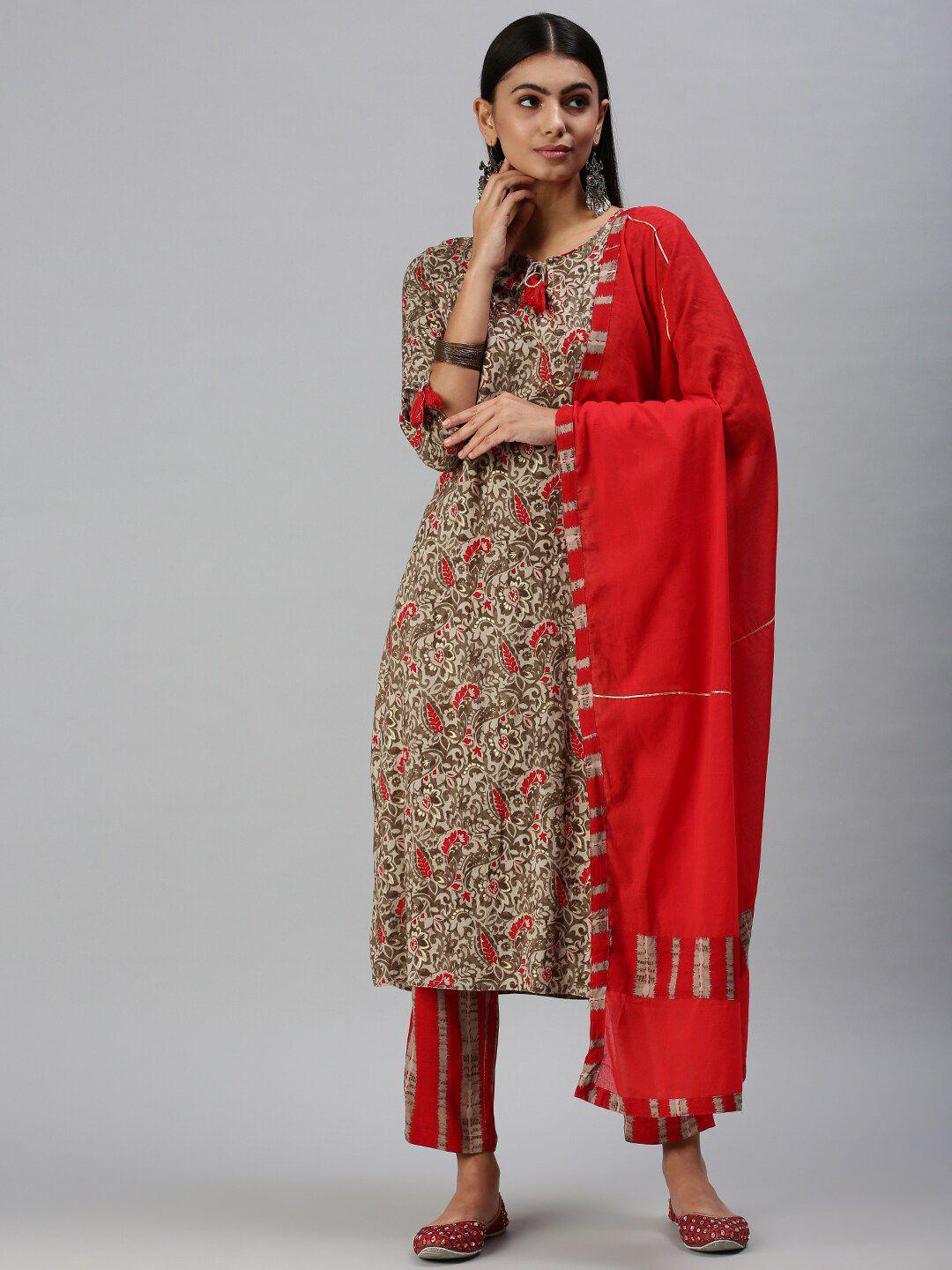 showoff floral printed thread work kurta with trousers & dupatta