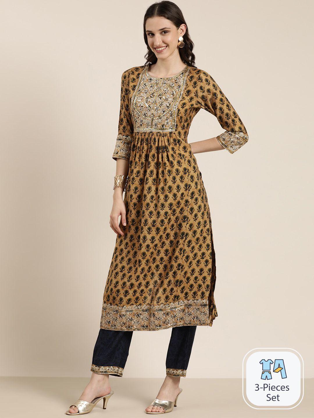 showoff floral printed thread work kurta with trousers & dupatta