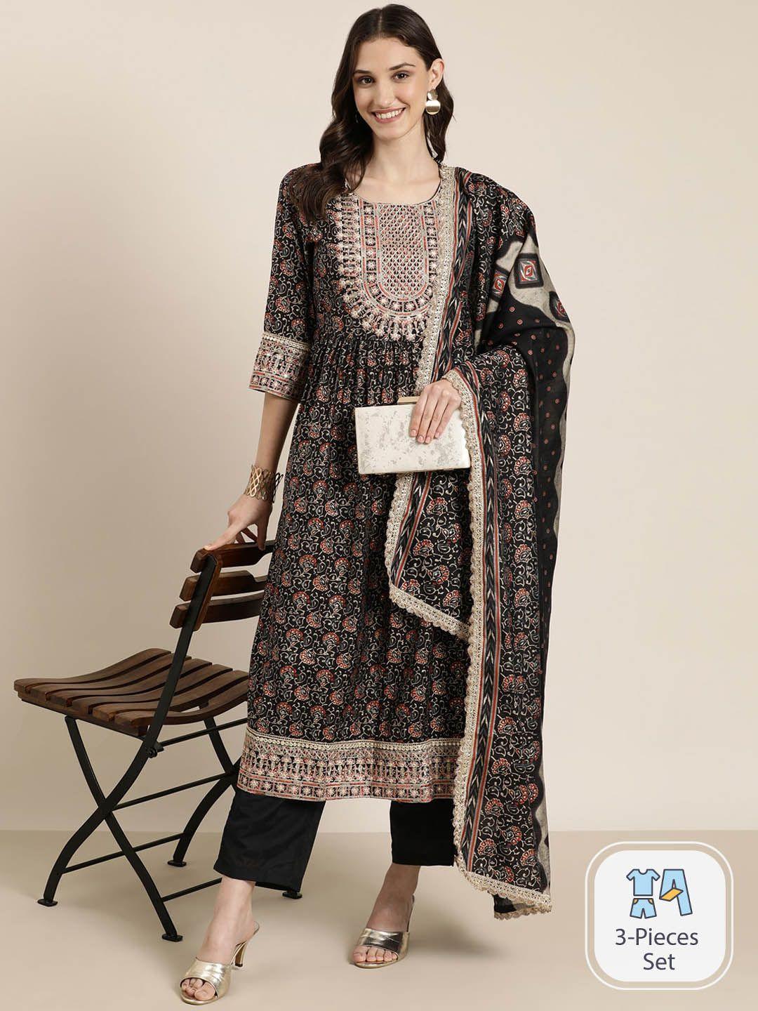 showoff floral printed thread work kurta with trousers & with dupatta
