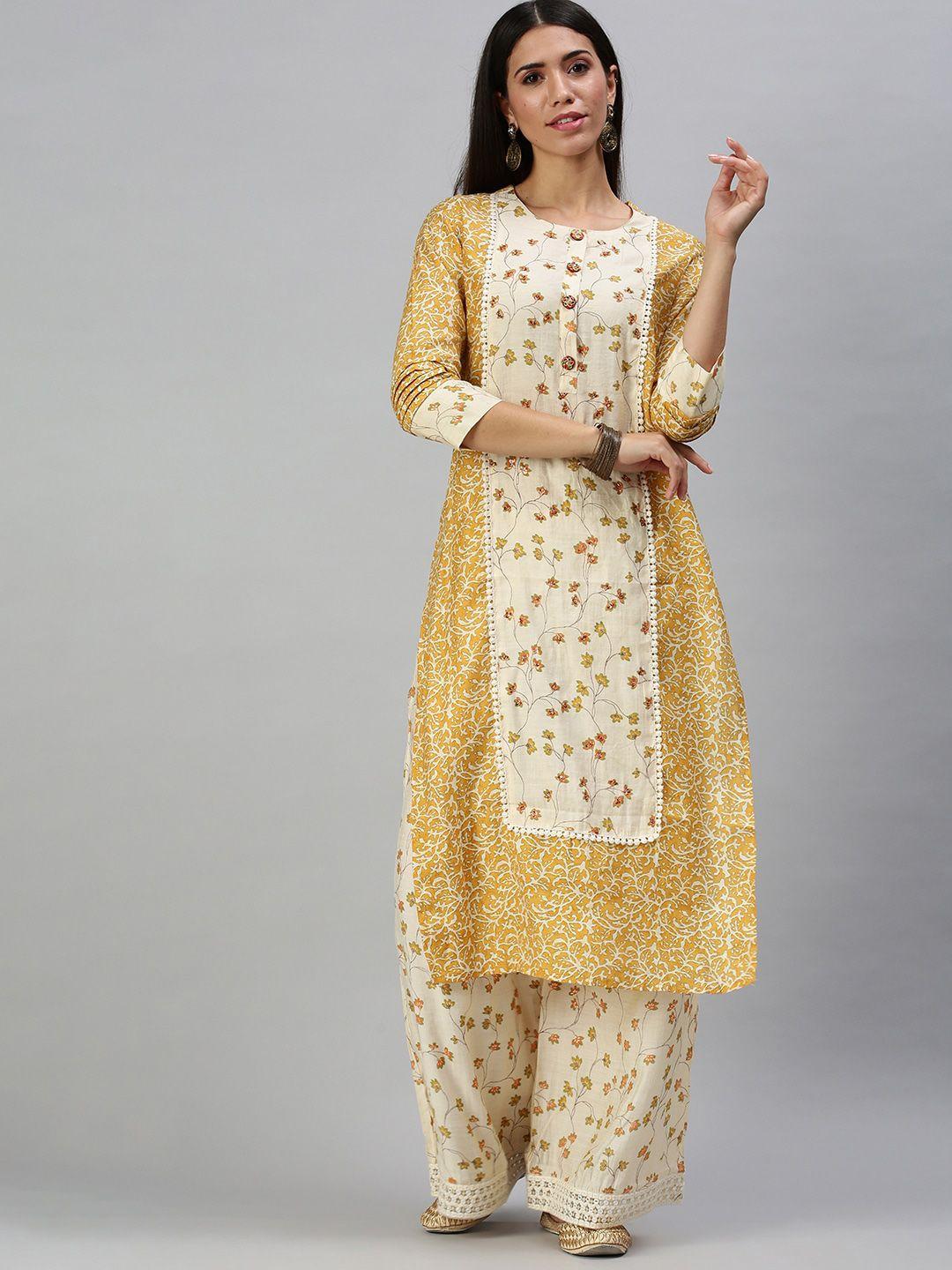 showoff floral printed thread work panelled kurta with palazzos