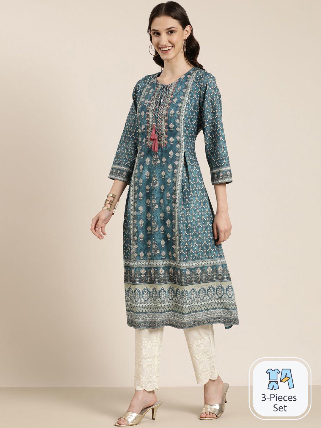 showoff floral printed tie-up neck a-line kurta with trousers & dupatta