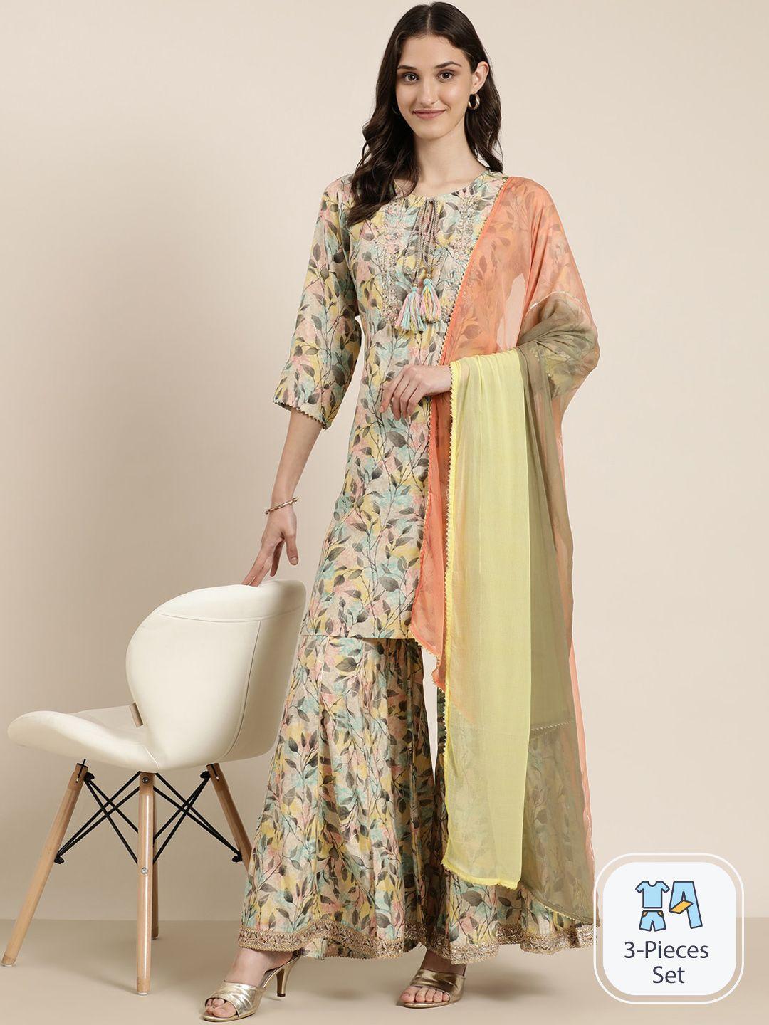 showoff floral printed tie-up neck beads & stones thread work kurta with sharara & dupatta