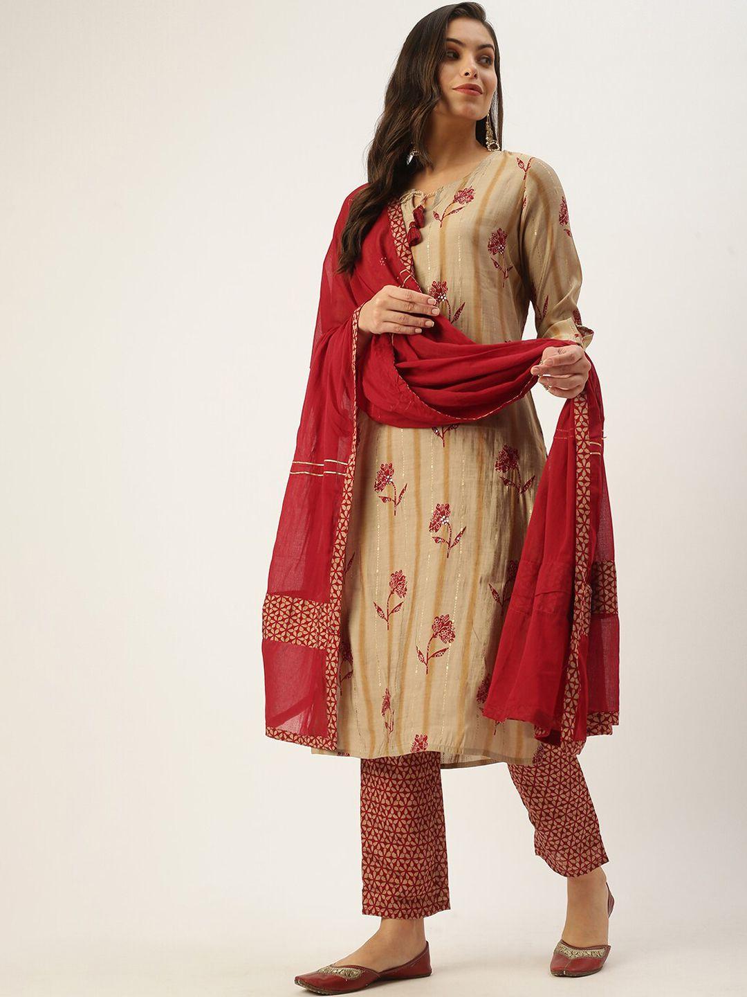 showoff floral printed tie up neck sequinned kurta with trousers & dupatta