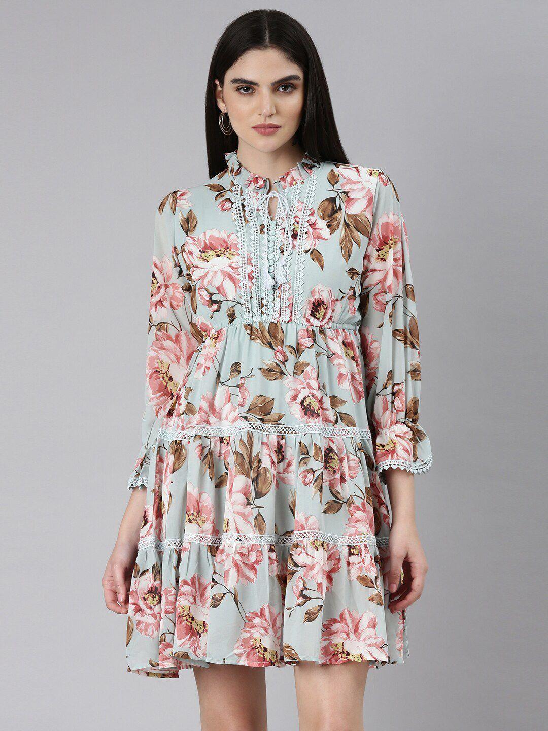 showoff floral printed tie-up neck tiered fit and flare dress