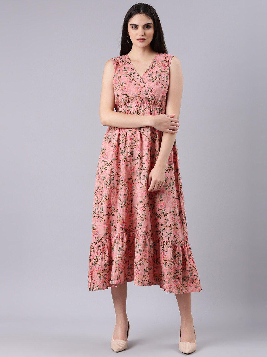 showoff floral printed v neck gathered or pleated cotton empire midi dress