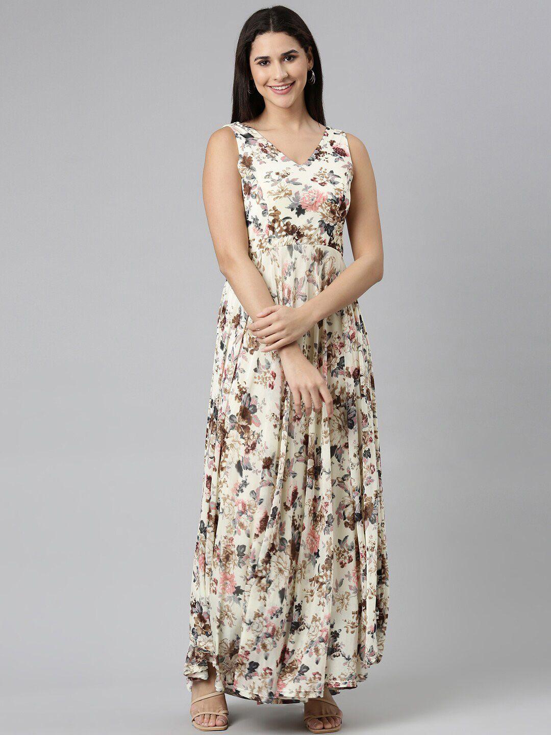 showoff floral printed v-neck smocked detailed maxi dress