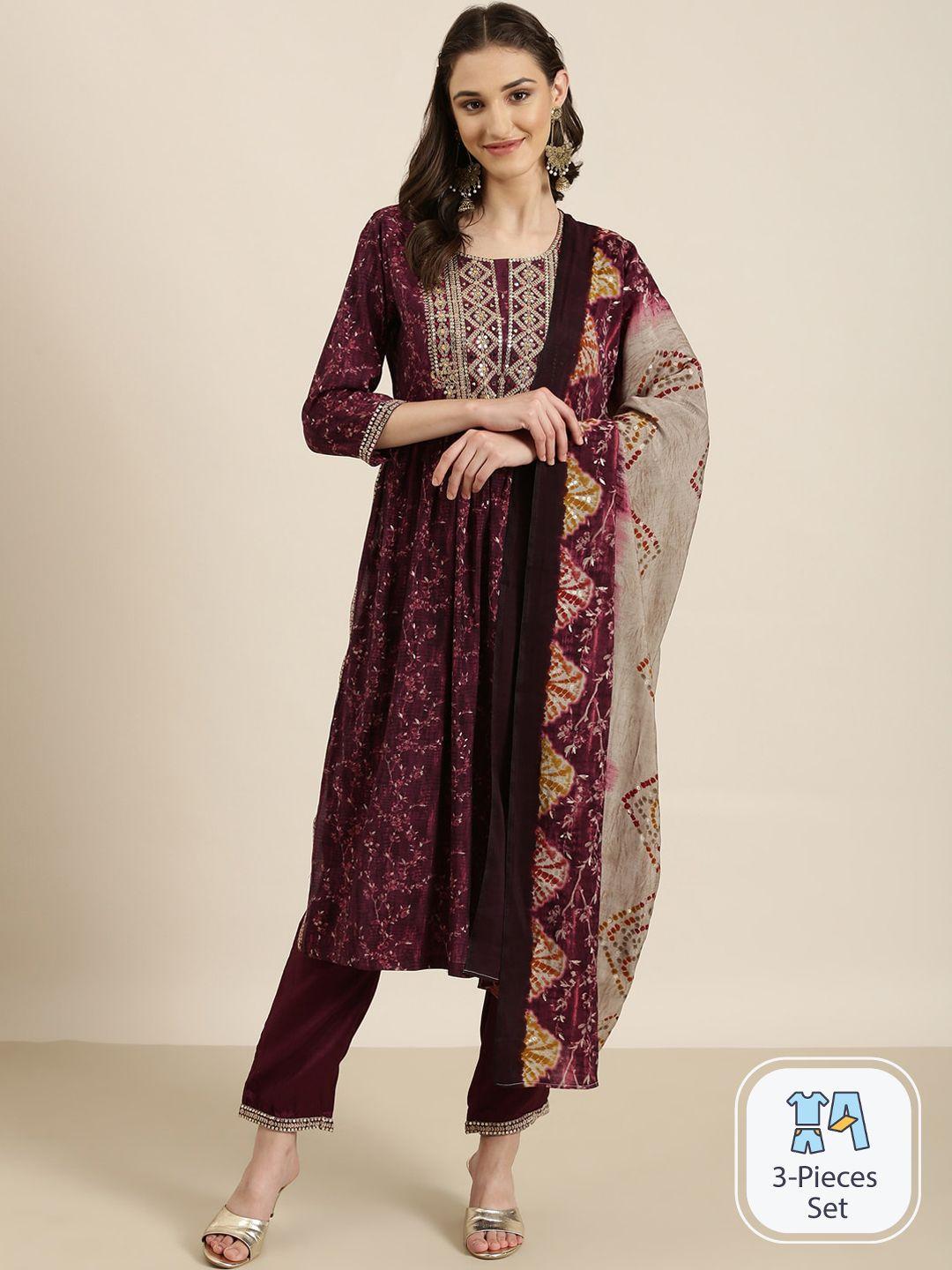 showoff floral yoke design sequinned a line kurta with trousers & dupatta