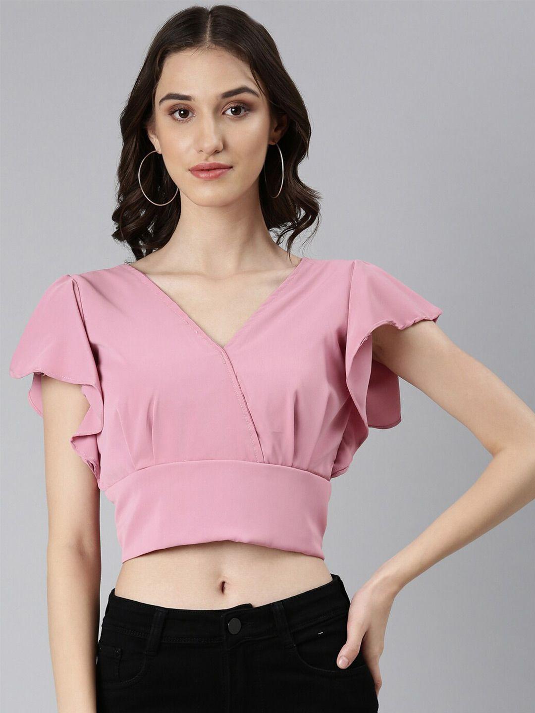 showoff flutter sleeve crepe styled back crop top