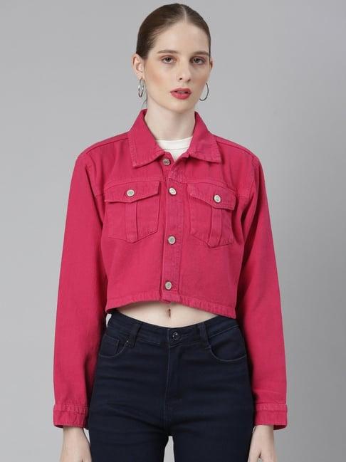 showoff fuchsia relaxed fit crop denim jacket