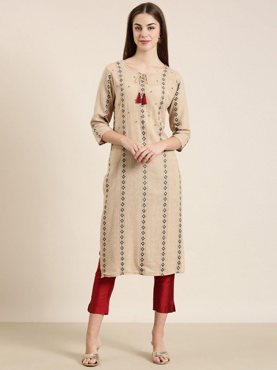 showoff geometric embroidered tie up neck straight kurta