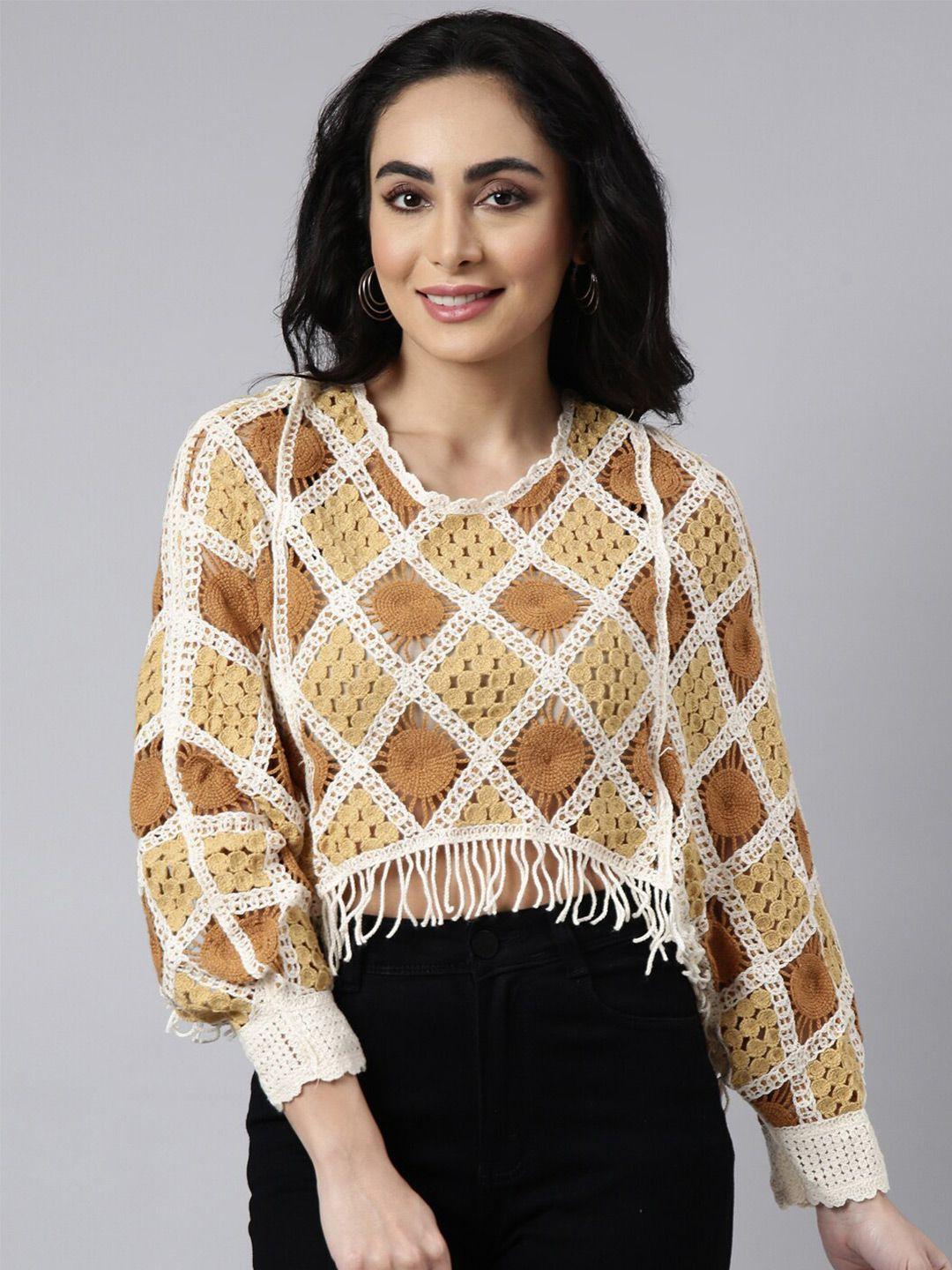 showoff geometric print extended sleeves fringed crochet blouson crop top