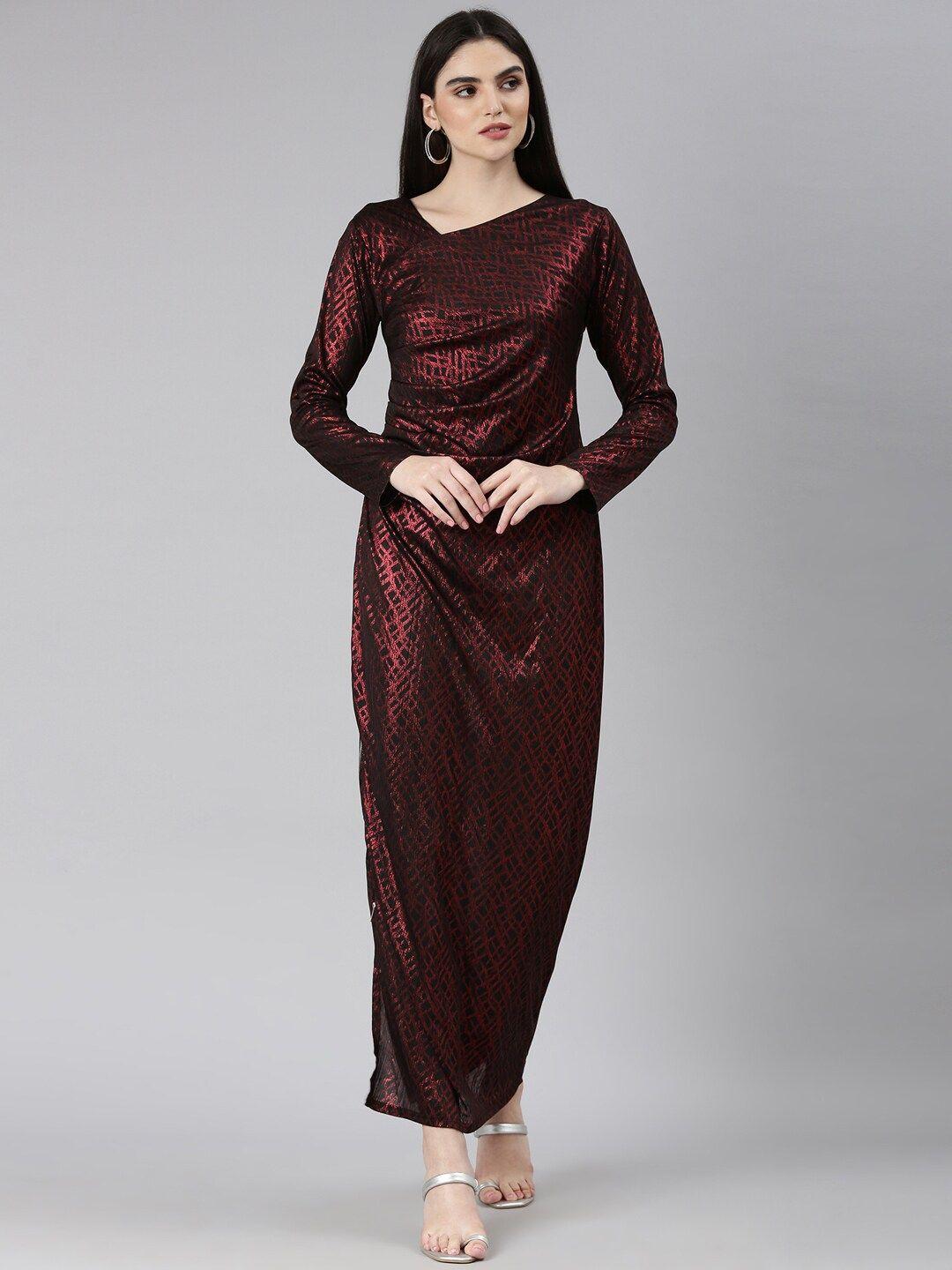 showoff geometric printed asymmetric neck long sleeves ruched maxi dress