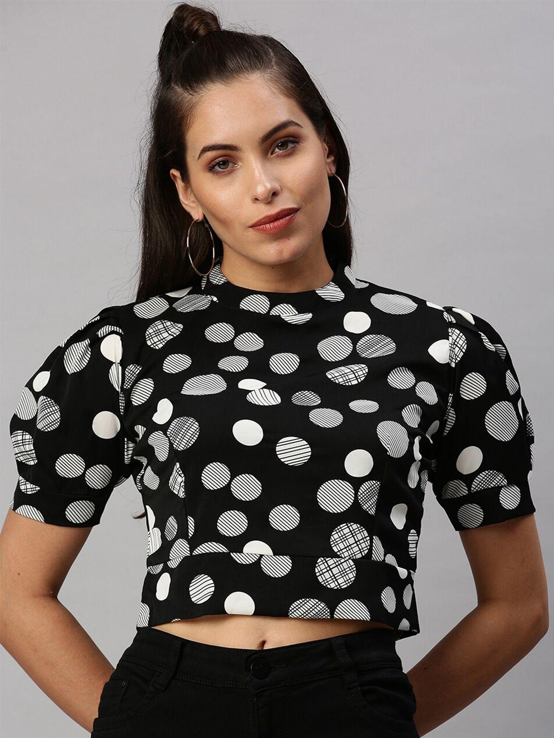 showoff geometric printed high neck puff sleeves crop top