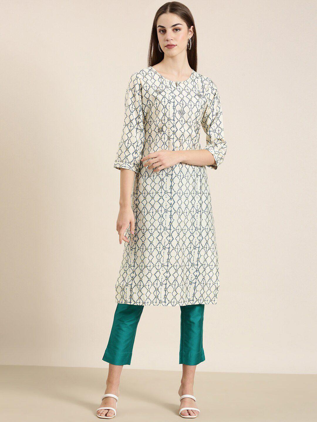 showoff geometric printed keyhole neck thread work kurta