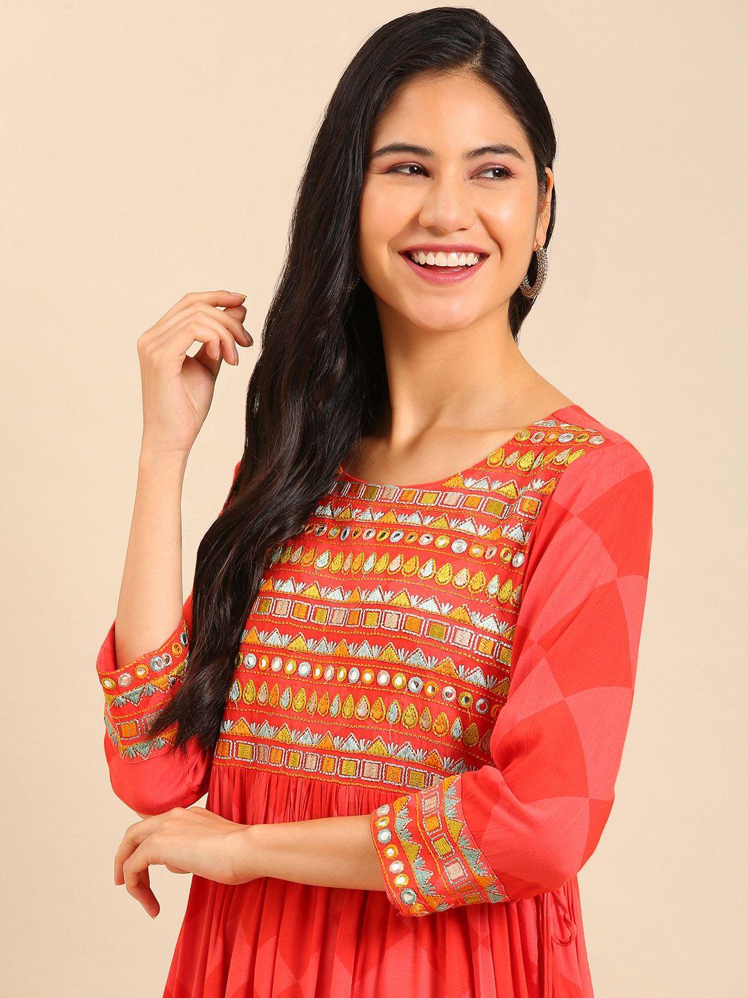 showoff geometric printed mirror work cotton kurta