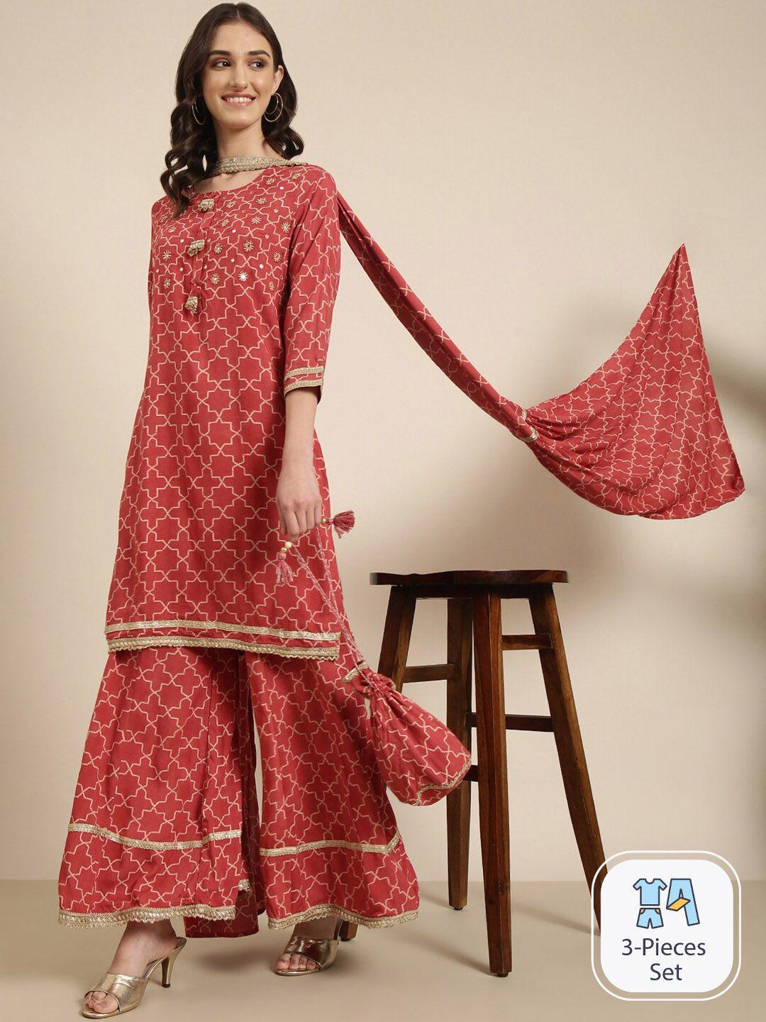 showoff geometric printed mirror work straight kurta with palazzos & dupatta