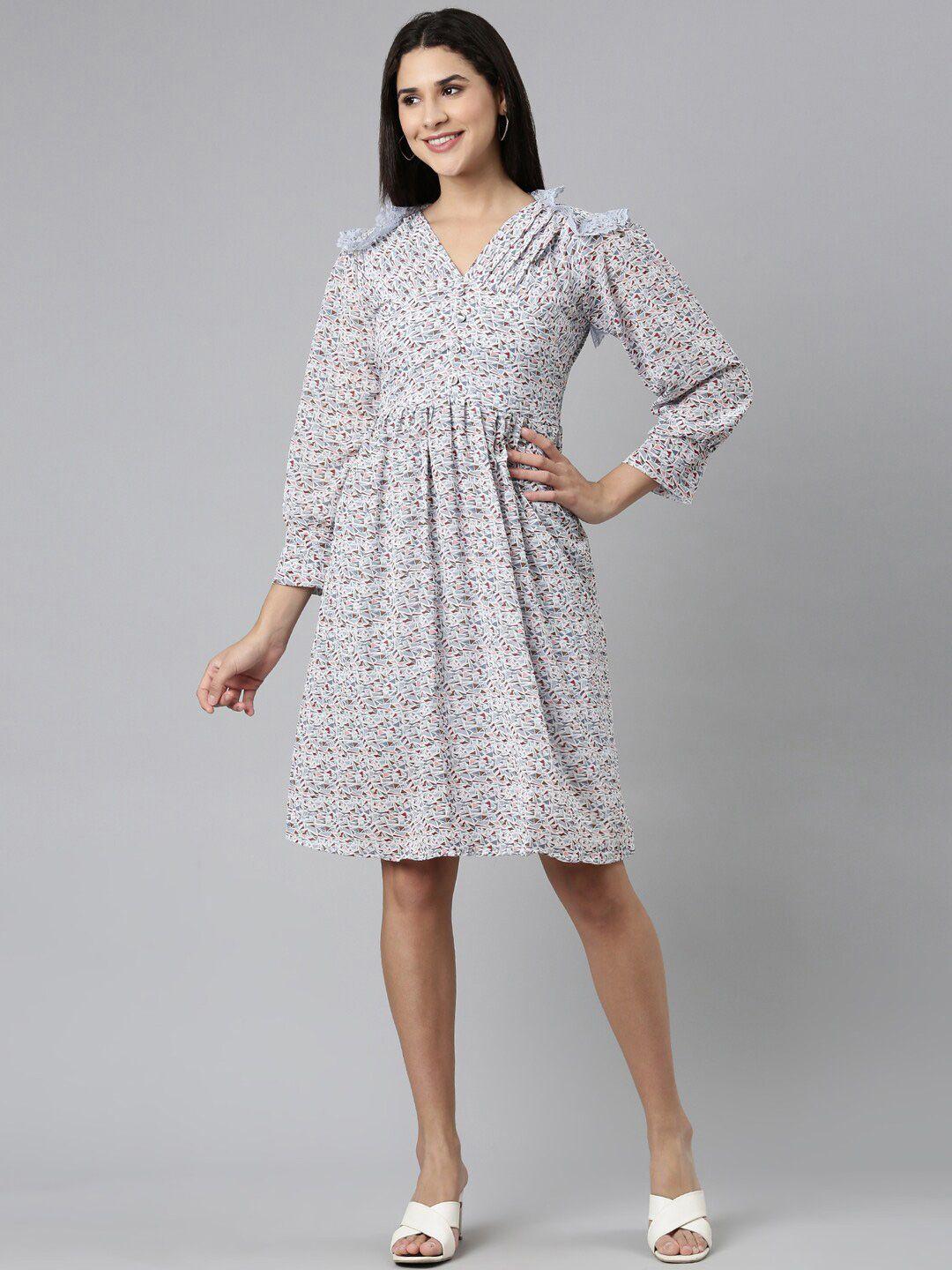 showoff geometric printed puff sleeve v-neck fit & flare dress