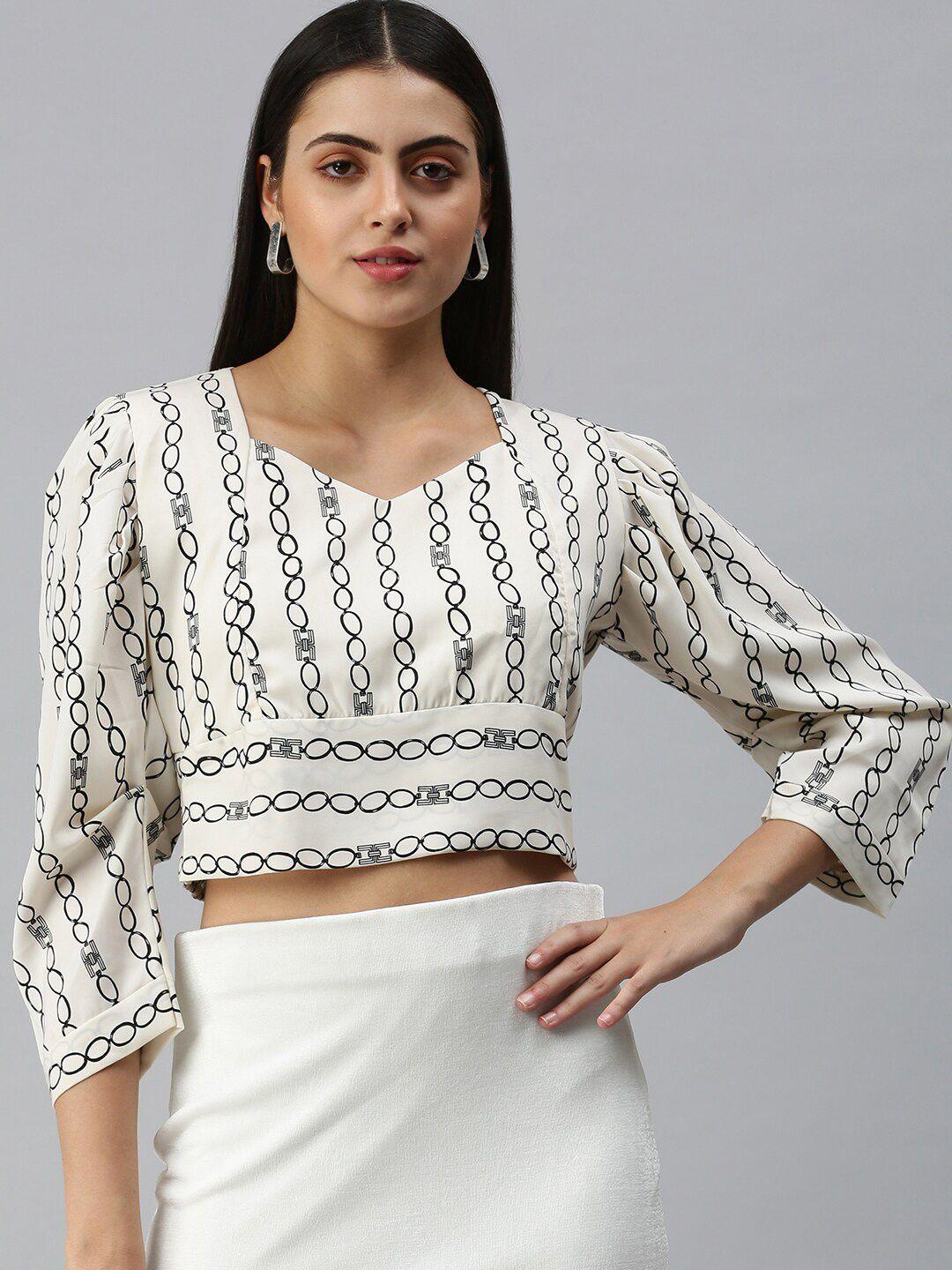 showoff geometric printed puff sleeves crop top