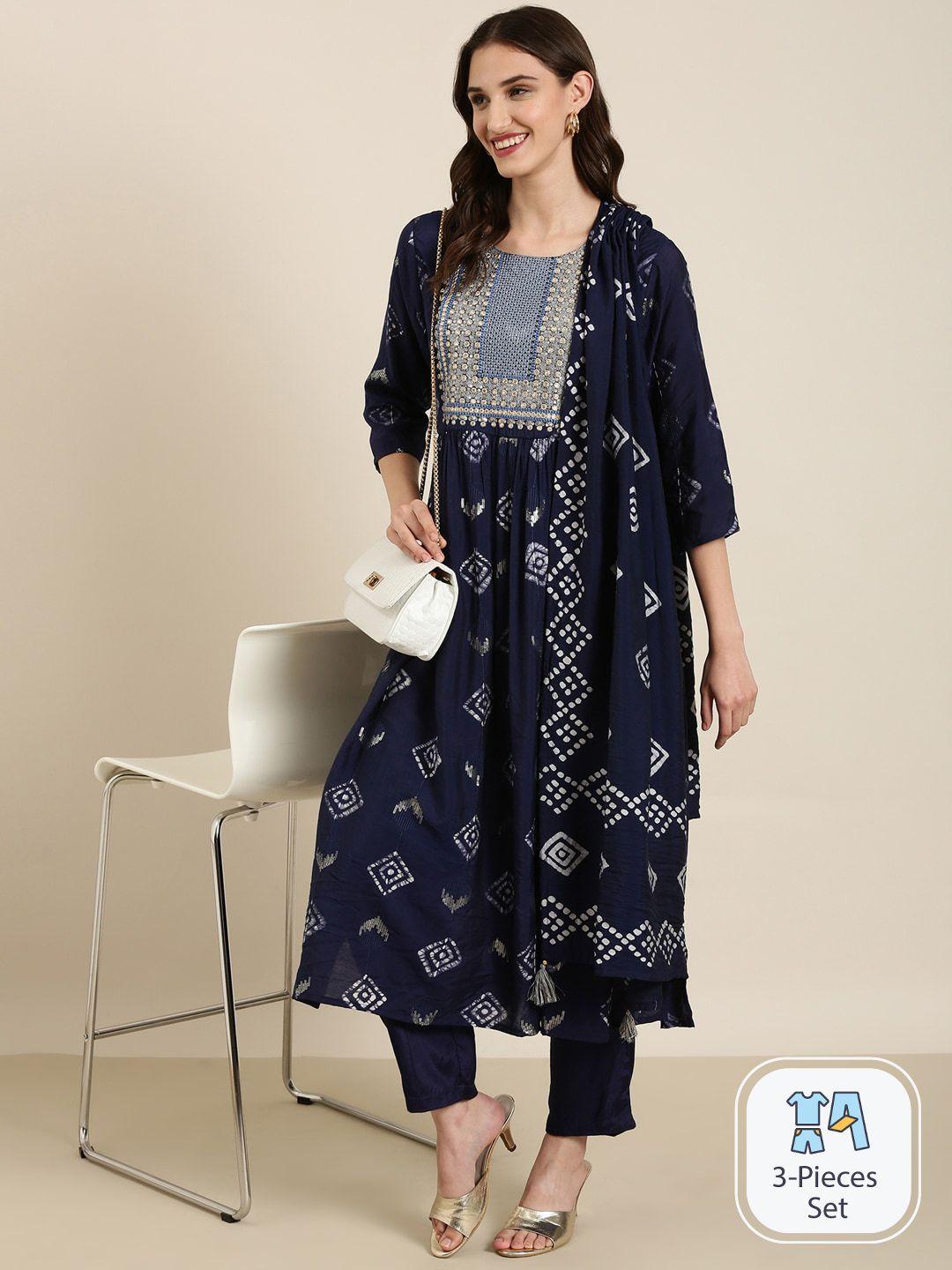 showoff geometric printed sequinned detailed a-line kurta & trousers with dupatta