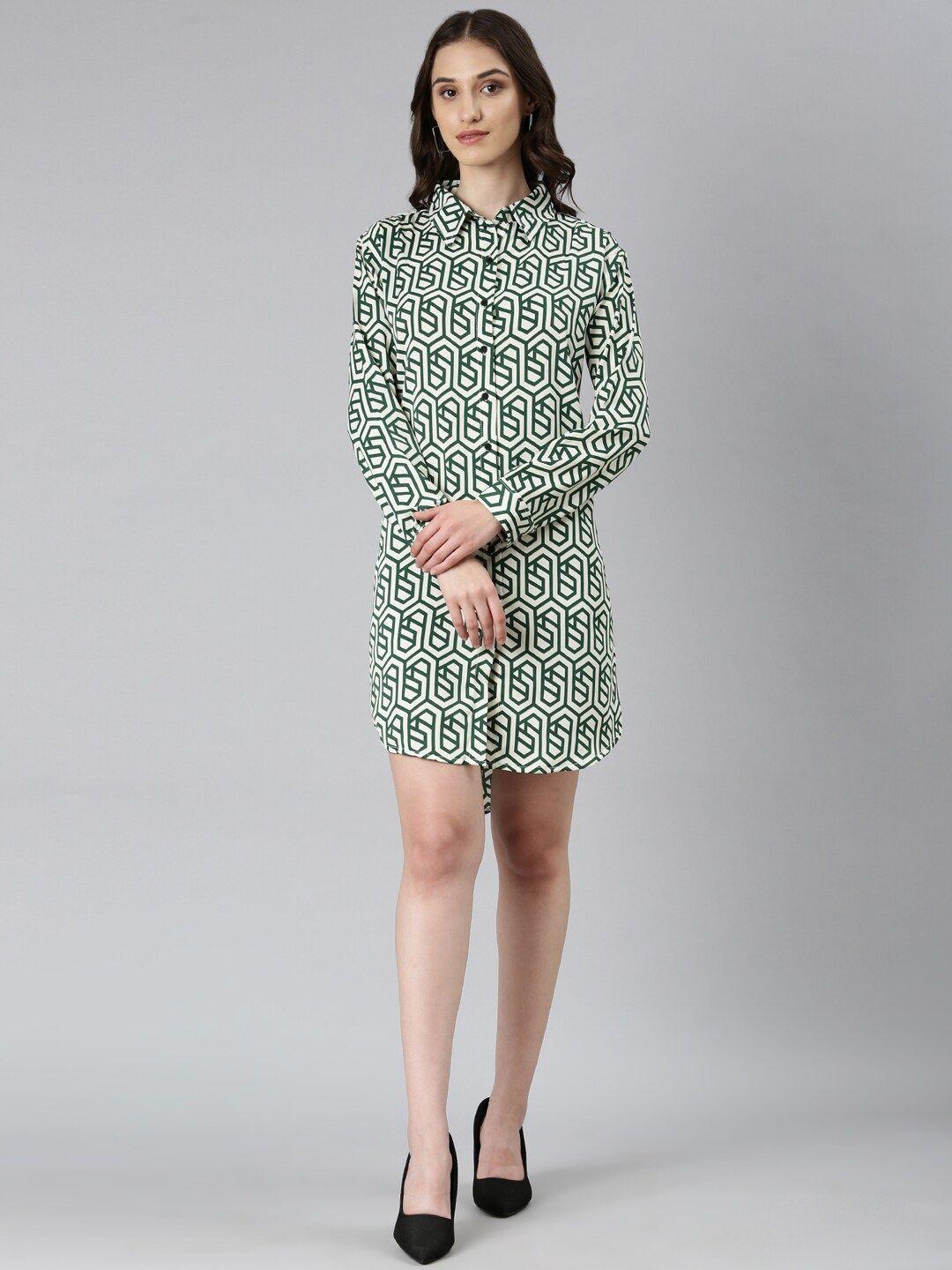 showoff geometric printed shirt collar georgette mini shirt dress